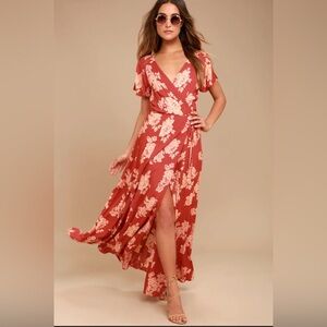 Lulus Heart of Marigold Rust Red Floral Print Wrap Maxi Dress